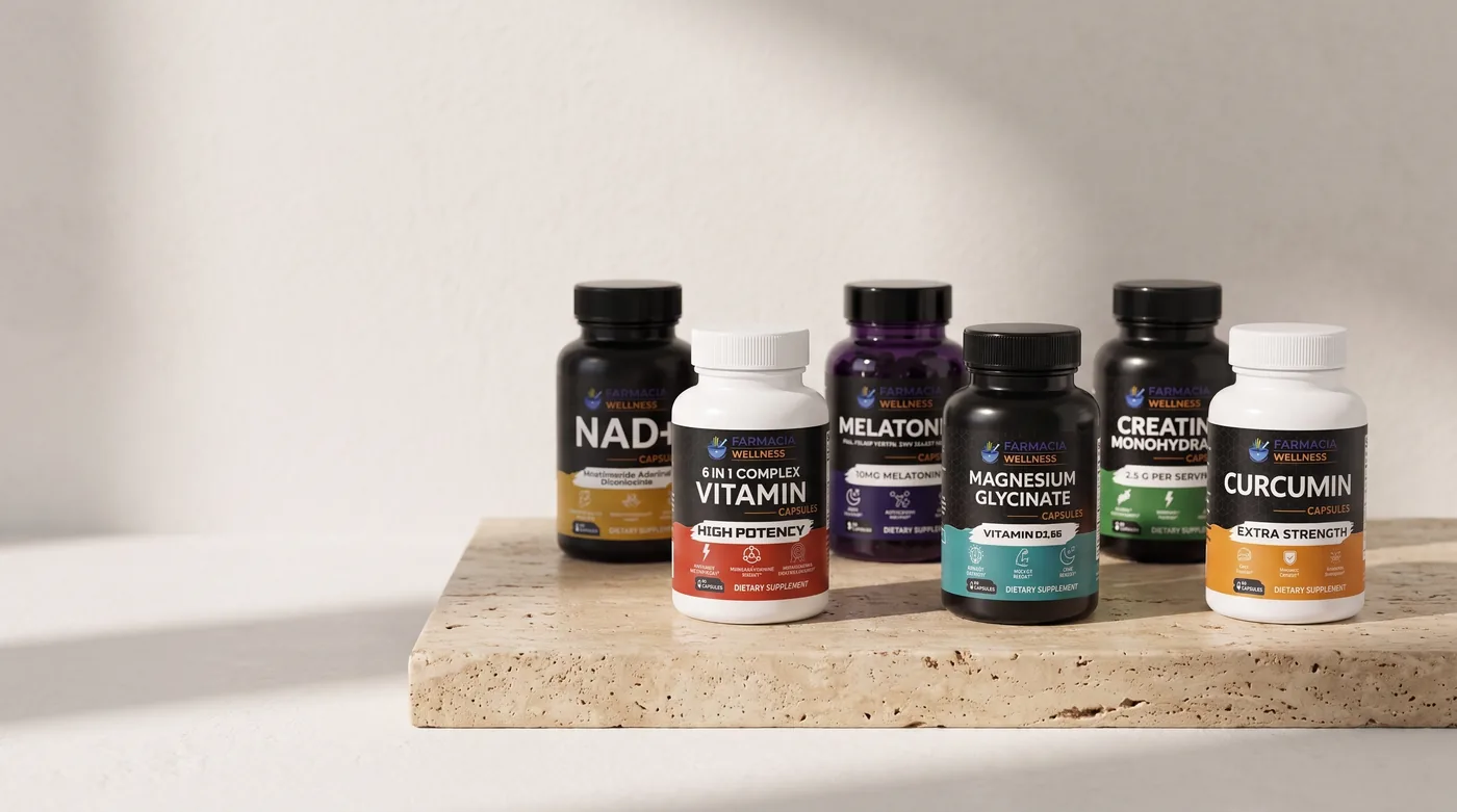 Farmacia Wellness supplement bottles on a stone plinth